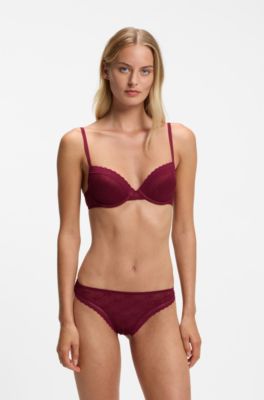 Reggiseno push-up in pizzo con logo, Rosso scuro