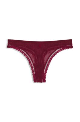 Lace-trim thong with script logos, Dark Red