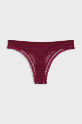 Lace-trim thong with script logos, Dark Red