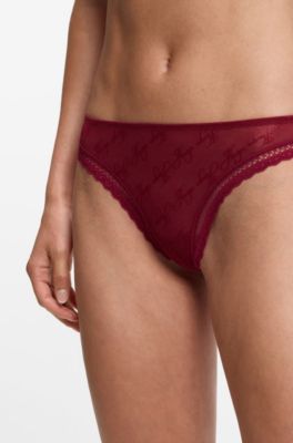 Lace-trim thong with script logos, Dark Red