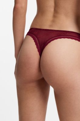 Lace-trim thong with script logos, Dark Red