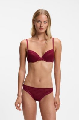 Lace-trim thong with script logos, Dark Red