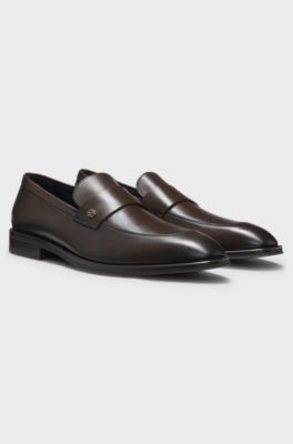 Leather loafers with Double B monogram trim, Dark Brown