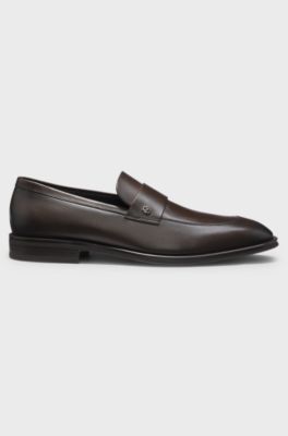 Leather loafers with Double B monogram trim, Dark Brown