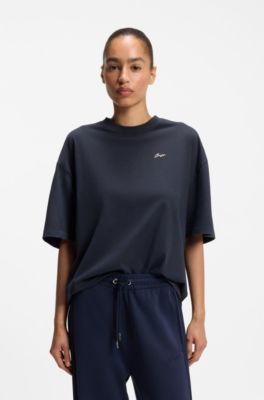 T-shirt in jersey di cotone con grafica con slogan, Blu scuro