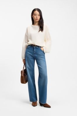 Relaxed-fit cotton sweater with mesh structure, Natural
