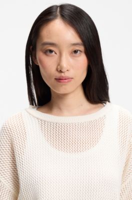 Relaxed-fit cotton sweater with mesh structure, Natural