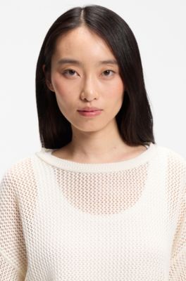 Relaxed-fit cotton sweater with mesh structure, Natural
