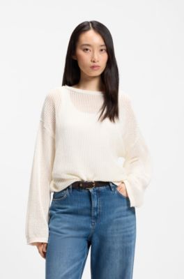 Relaxed-fit cotton sweater with mesh structure, Natural