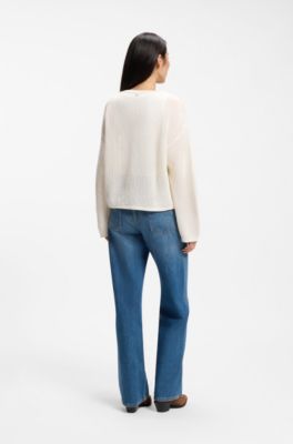 Relaxed-fit cotton sweater with mesh structure, Natural
