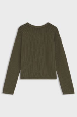 Relaxed-fit cotton sweater with mesh structure, Dark Green