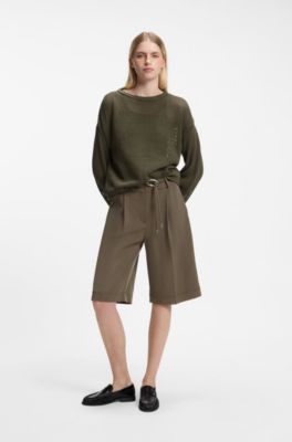 Relaxed-fit cotton sweater with mesh structure, Dark Green
