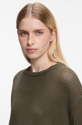 Relaxed-fit cotton sweater with mesh structure, Dark Green