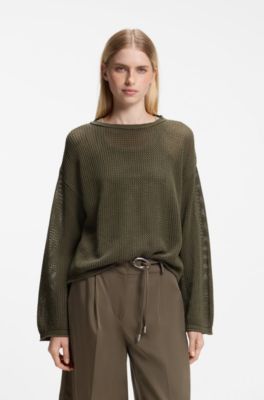 Relaxed-fit cotton sweater with mesh structure, Dark Green