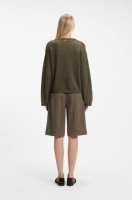 Relaxed-fit cotton sweater with mesh structure, Dark Green