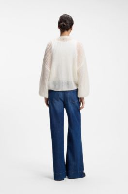 Relaxed-fit cardigan with open-knit structure, Natural