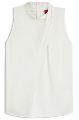 Mock-neck top in satin with drape detail, White