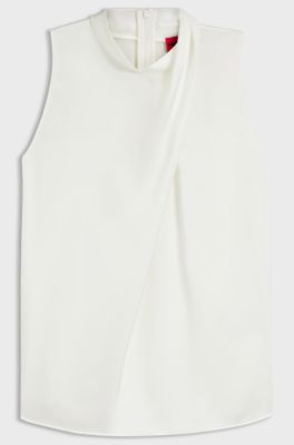 Mock-neck top in satin with drape detail, White