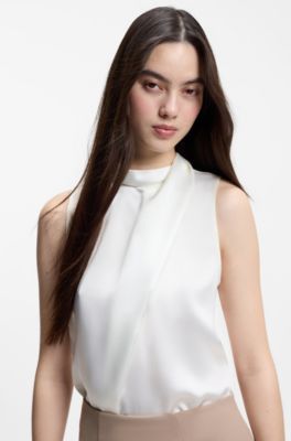 Mock-neck top in satin with drape detail, White