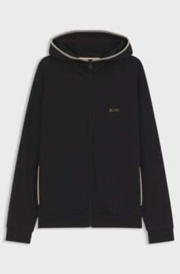Sweat &agrave; capuche zipp&eacute; en coton m&eacute;lang&eacute; avec bordures en contraste, Noir