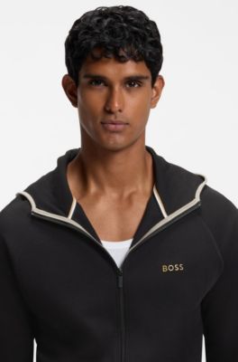 Sweat &agrave; capuche zipp&eacute; en coton m&eacute;lang&eacute; avec bordures en contraste, Noir