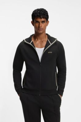Sweat &agrave; capuche zipp&eacute; en coton m&eacute;lang&eacute; avec bordures en contraste, Noir