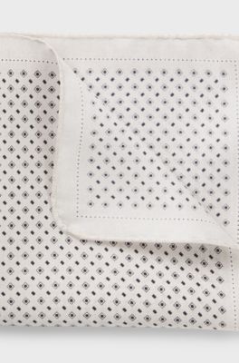 Silk pocket square with printed pattern, White Patterned