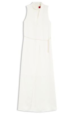 Satin maxi dress with removable chain belt, White