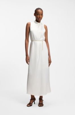 Satin maxi dress with removable chain belt, Natural
