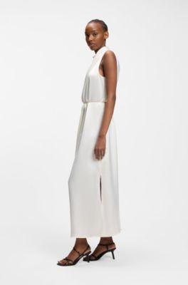 Satin maxi dress with removable chain belt, White
