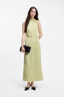 Satin maxi dress with removable chain belt, Beige