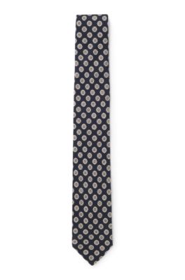 Geometric-pattern tie in a wool-silk blend, Dark Blue