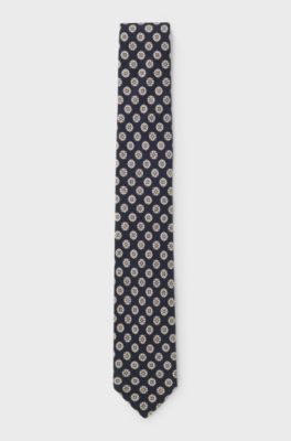 Geometric-pattern tie in a wool-silk blend, Dark Blue