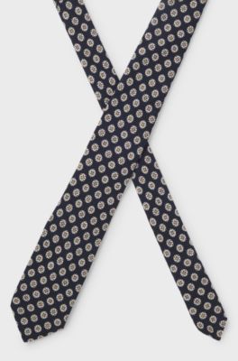 Geometric-pattern tie in a wool-silk blend, Dark Blue