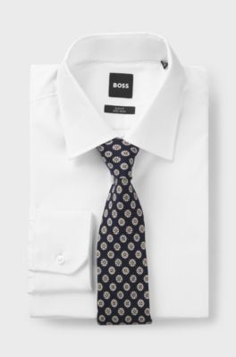 Geometric-pattern tie in a wool-silk blend, Dark Blue