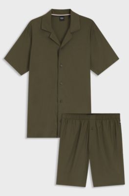 Kurzes Regular-Fit Pyjama-Set aus Stretch-Popeline, Gr&uuml;n