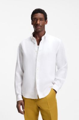 Camicia button-down regular-fit in lino, Bianco