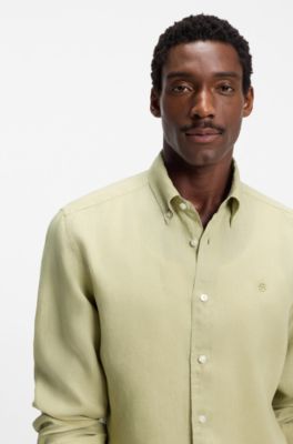Regular-fit button-down shirt in linen, Beige