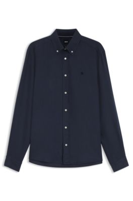 Regular-fit button-down shirt in linen, Dark Blue