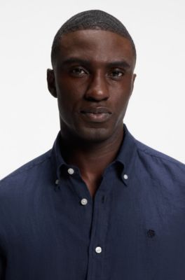 Regular-fit button-down shirt in linen, Dark Blue