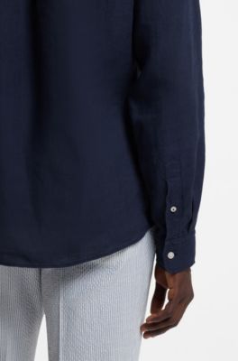 Regular-fit button-down shirt in linen, Dark Blue