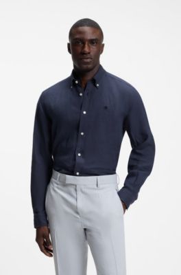 Regular-fit button-down shirt in linen, Dark Blue