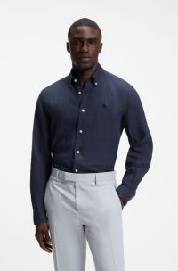 Chemise Regular &agrave; pointes boutonn&eacute;es en lin, Bleu fonc&eacute;