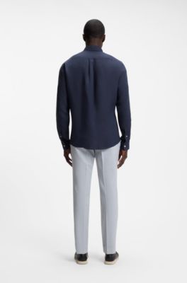 Regular-fit button-down shirt in linen, Dark Blue