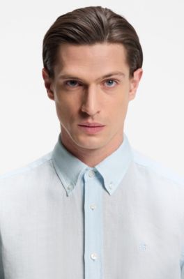 Regular-fit button-down shirt in linen, Light Blue