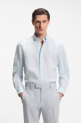 Regular-fit button-down shirt in linen, Light Blue