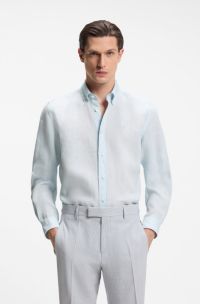 Regular-fit button-down shirt in linen, Light Blue