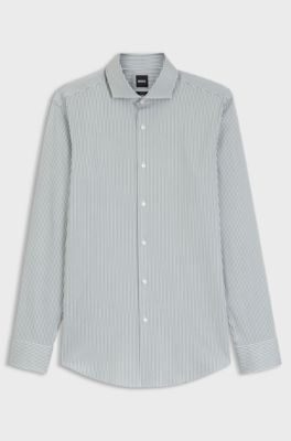Camicia slim fit in cotone elasticizzato a righe facile da stirare, Green Stripes