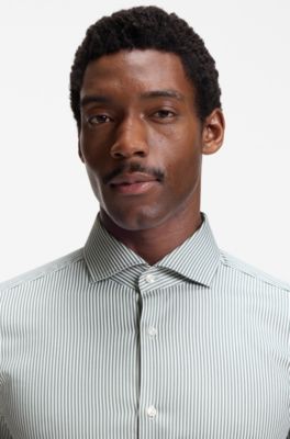 Camicia slim fit in cotone elasticizzato a righe facile da stirare, Green Stripes
