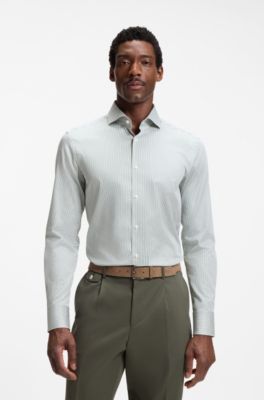 Camisa slim fit a rayas de algod&oacute;n el&aacute;stico de planchado f&aacute;cil, Green Stripes
